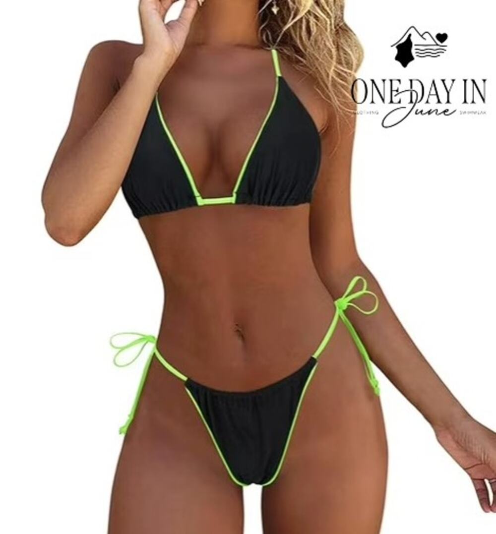 CharmLeaks Womens Triangle Tie Side Bikini Swimsuit Black Neon Green Size L